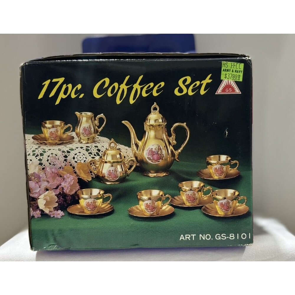 Vintage Gold Porcelain Demitasse Tea Set Service For 6, NEW in box! Rare